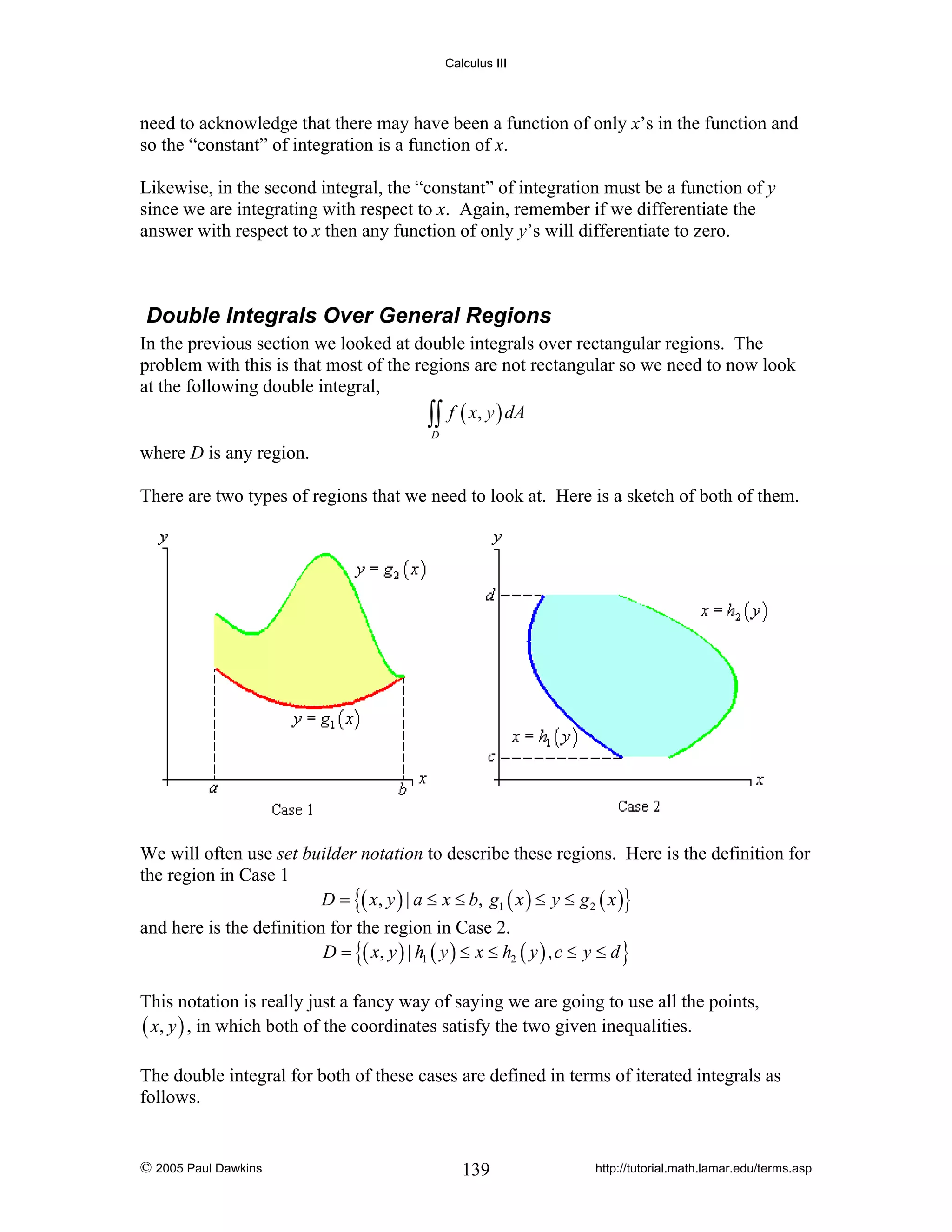 Calculus III

need to acknowledge that there may have been a function of only x’s in the function and
so the “constant” of integration is a function of x.
Likewise, in the second integral, the “constant” of integration must be a function of y
since we are integrating with respect to x. Again, remember if we differentiate the
answer with respect to x then any function of only y’s will differentiate to zero.

Double Integrals Over General Regions
In the previous section we looked at double integrals over rectangular regions. The
problem with this is that most of the regions are not rectangular so we need to now look
at the following double integral,
∫∫ f ( x, y ) dA
D

where D is any region.
There are two types of regions that we need to look at. Here is a sketch of both of them.

We will often use set builder notation to describe these regions. Here is the definition for
the region in Case 1
D = {( x, y ) | a ≤ x ≤ b, g1 ( x ) ≤ y ≤ g 2 ( x )}
and here is the definition for the region in Case 2.
D = {( x, y ) | h1 ( y ) ≤ x ≤ h2 ( y ) , c ≤ y ≤ d }
This notation is really just a fancy way of saying we are going to use all the points,
( x, y ) , in which both of the coordinates satisfy the two given inequalities.
The double integral for both of these cases are defined in terms of iterated integrals as
follows.

© 2005 Paul Dawkins

139

http://tutorial.math.lamar.edu/terms.asp

 