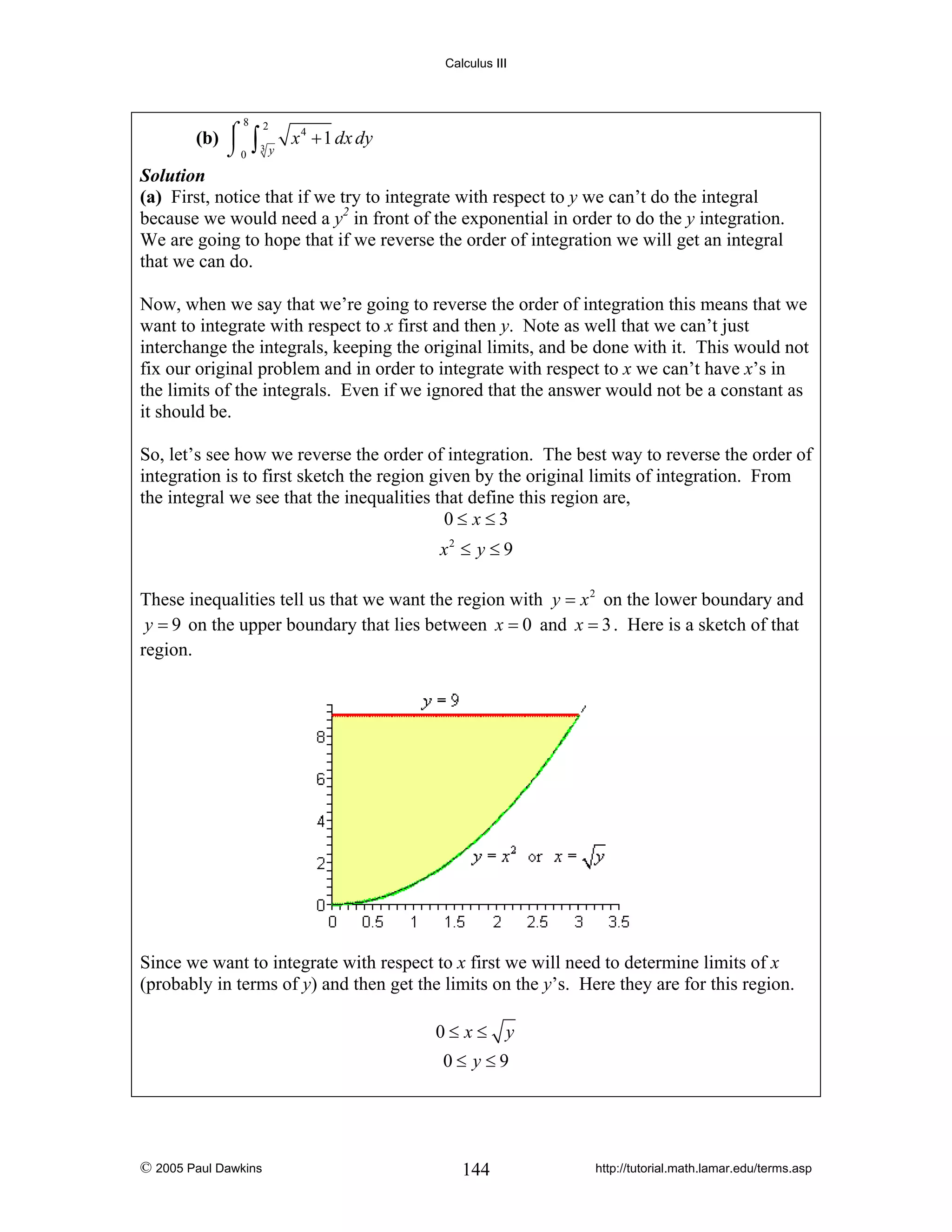 Calculus III

8

2
⎮
(b) ⌠ ∫ 3 x 4 + 1 dx dy
⌡0 y
Solution
(a) First, notice that if we try to integrate with respect to y we can’t do the integral
because we would need a y2 in front of the exponential in order to do the y integration.
We are going to hope that if we reverse the order of integration we will get an integral
that we can do.

Now, when we say that we’re going to reverse the order of integration this means that we
want to integrate with respect to x first and then y. Note as well that we can’t just
interchange the integrals, keeping the original limits, and be done with it. This would not
fix our original problem and in order to integrate with respect to x we can’t have x’s in
the limits of the integrals. Even if we ignored that the answer would not be a constant as
it should be.
So, let’s see how we reverse the order of integration. The best way to reverse the order of
integration is to first sketch the region given by the original limits of integration. From
the integral we see that the inequalities that define this region are,
0≤ x≤3
x2 ≤ y ≤ 9
These inequalities tell us that we want the region with y = x 2 on the lower boundary and
y = 9 on the upper boundary that lies between x = 0 and x = 3 . Here is a sketch of that
region.

Since we want to integrate with respect to x first we will need to determine limits of x
(probably in terms of y) and then get the limits on the y’s. Here they are for this region.
0≤ x≤

y

0≤ y≤9

© 2005 Paul Dawkins

144

http://tutorial.math.lamar.edu/terms.asp

 
