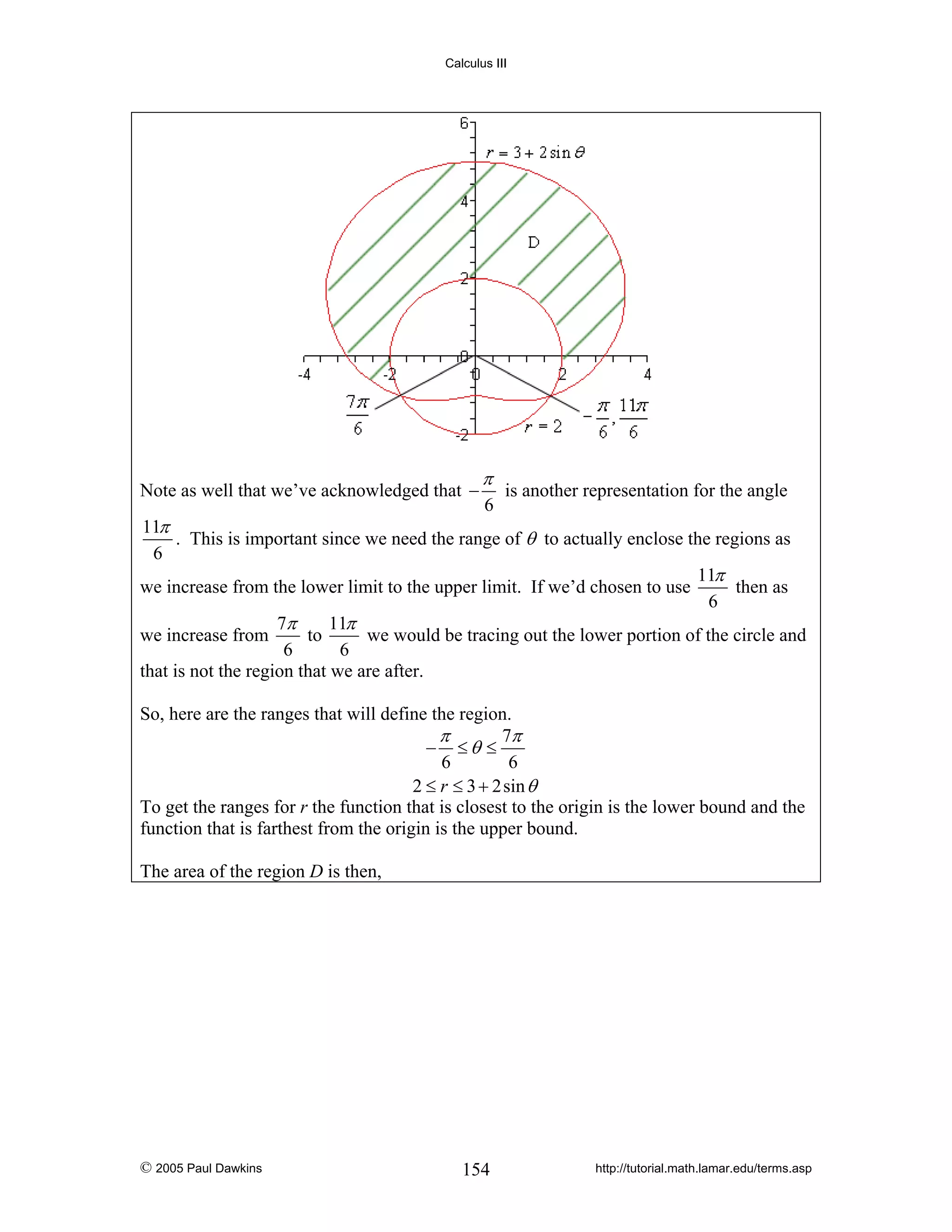 Calculus III

Note as well that we’ve acknowledged that −

π
6

is another representation for the angle

11π
. This is important since we need the range of θ to actually enclose the regions as
6
11π
we increase from the lower limit to the upper limit. If we’d chosen to use
then as
6
7π
11π
we increase from
to
we would be tracing out the lower portion of the circle and
6
6
that is not the region that we are after.
So, here are the ranges that will define the region.
π
7π
− ≤θ ≤
6
6
2 ≤ r ≤ 3 + 2sin θ
To get the ranges for r the function that is closest to the origin is the lower bound and the
function that is farthest from the origin is the upper bound.

The area of the region D is then,

© 2005 Paul Dawkins

154

http://tutorial.math.lamar.edu/terms.asp

 