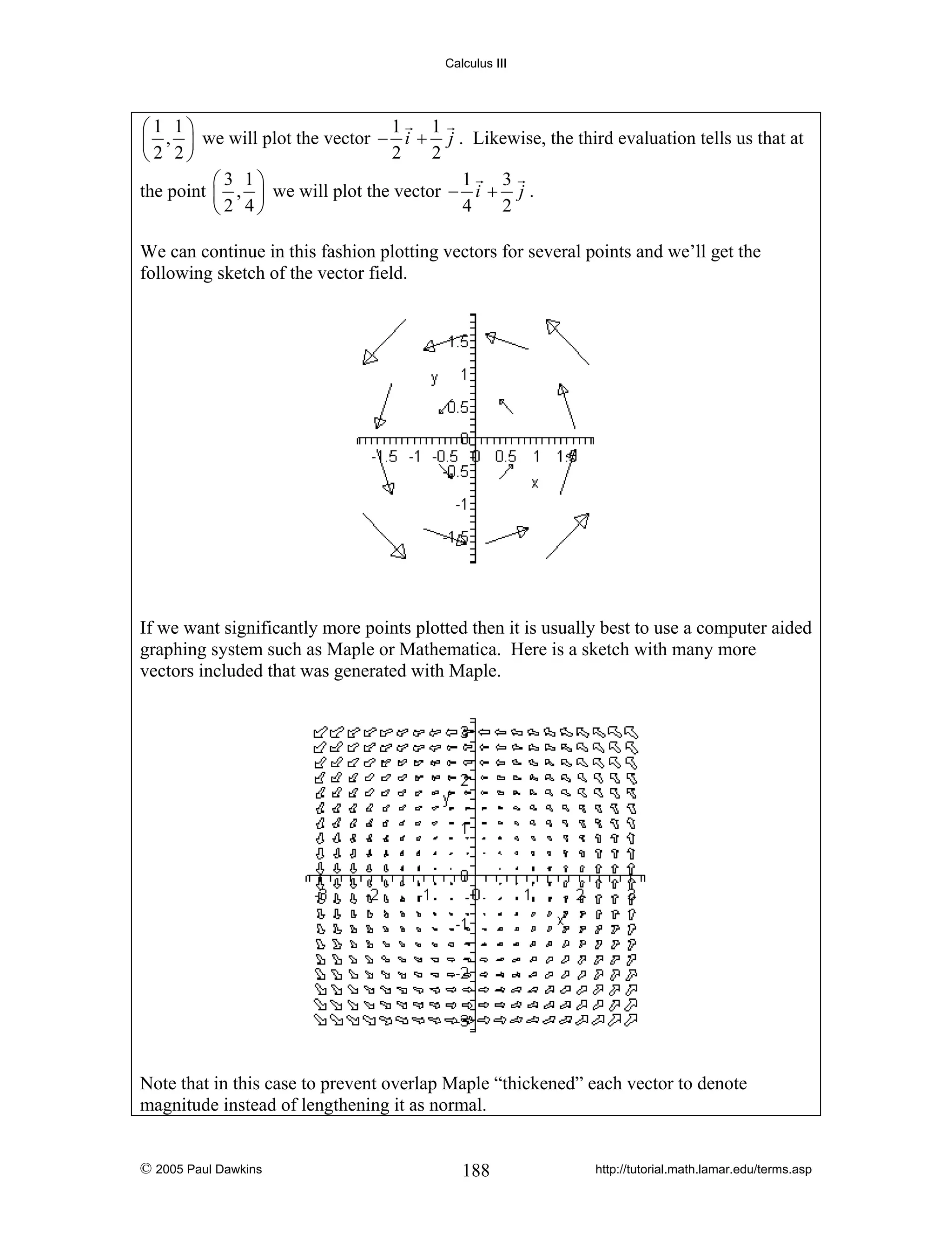 Calculus III

1
1
⎛1 1⎞
⎜ , ⎟ we will plot the vector − i + j . Likewise, the third evaluation tells us that at
2
2
⎝2 2⎠
1
3
⎛3 1⎞
the point ⎜ , ⎟ we will plot the vector − i + j .
4
2
⎝2 4⎠
We can continue in this fashion plotting vectors for several points and we’ll get the
following sketch of the vector field.

If we want significantly more points plotted then it is usually best to use a computer aided
graphing system such as Maple or Mathematica. Here is a sketch with many more
vectors included that was generated with Maple.

Note that in this case to prevent overlap Maple “thickened” each vector to denote
magnitude instead of lengthening it as normal.

© 2005 Paul Dawkins

188

http://tutorial.math.lamar.edu/terms.asp

 