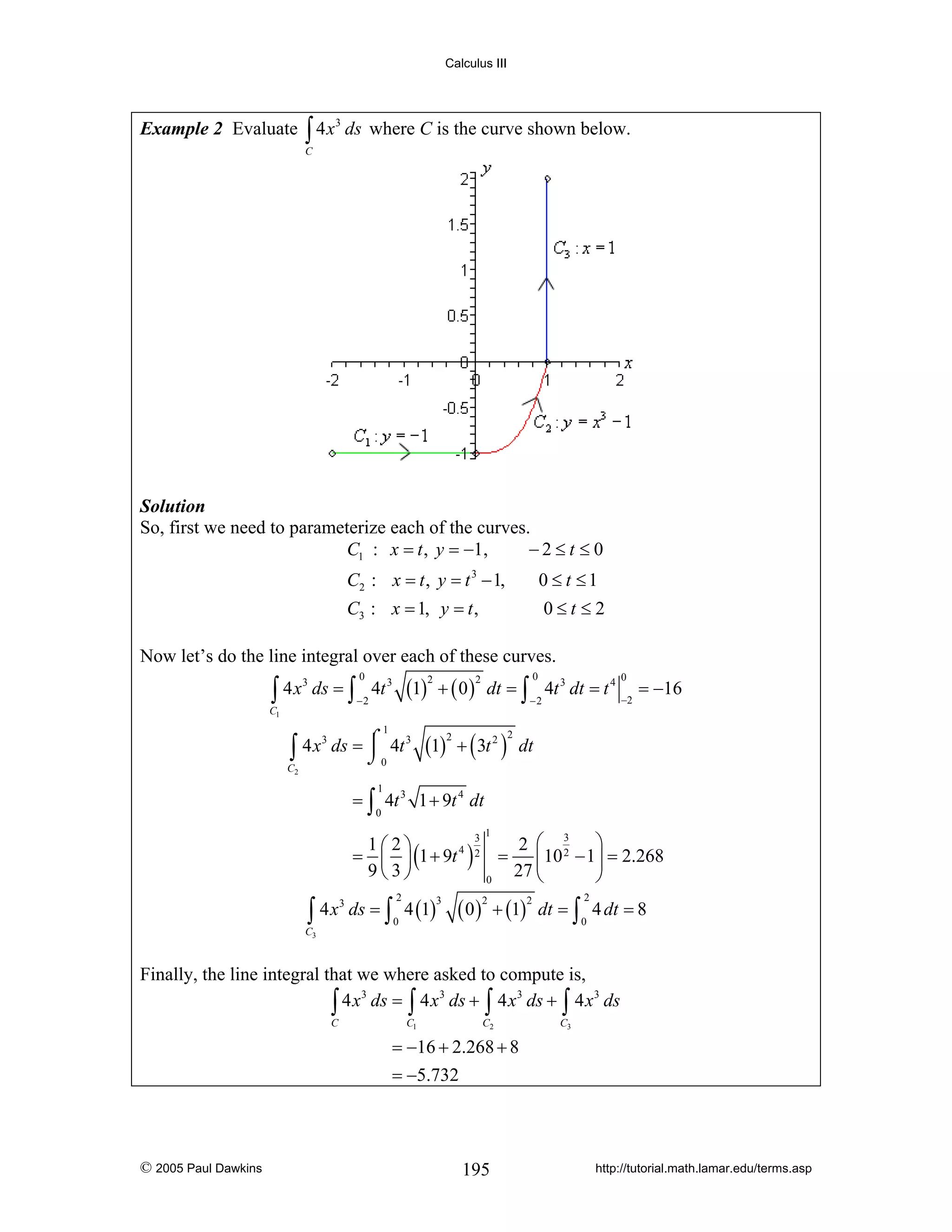 Calculus III

Example 2 Evaluate ∫ 4 x 3 ds where C is the curve shown below.
C

Solution
So, first we need to parameterize each of the curves.
C1 : x = t , y = −1,
−2≤t ≤ 0

C2 : x = t , y = t 3 − 1,

0 ≤ t ≤1

C3 : x = 1, y = t ,

0≤t ≤2

Now let’s do the line integral over each of these curves.

∫ 4x

C1

3

(1) + ( 0 )

0

ds = ∫ 4t 3

2

−2

1

3
⎮ 3
∫ 4 x ds = ⌠ 0 4t
⌡
C

(1)

2

0

0

−2

−2

dt = ∫ 4t 3 dt = t 4

2

= −16

+ ( 3t 2 ) dt
2

2

1

= ∫ 4t 3 1 + 9t 4 dt
0

1

3
1⎛2⎞
2 ⎛ 3 ⎞
2
= ⎜ ⎟ (1 + 9t 4 ) 2 =
⎜ 10 − 1⎟ = 2.268
9⎝3⎠
27 ⎝
⎠
0
3
∫ 4 x ds = ∫ 4 (1)
2

0

3

( 0 ) + (1)
2

C3

2

2

dt = ∫ 4 dt = 8
0

Finally, the line integral that we where asked to compute is,
3
3
3
3
∫ 4 x ds = ∫ 4 x ds + ∫ 4 x ds + ∫ 4 x ds
C

C1

C2

C3

= −16 + 2.268 + 8
= −5.732

© 2005 Paul Dawkins

195

http://tutorial.math.lamar.edu/terms.asp

 