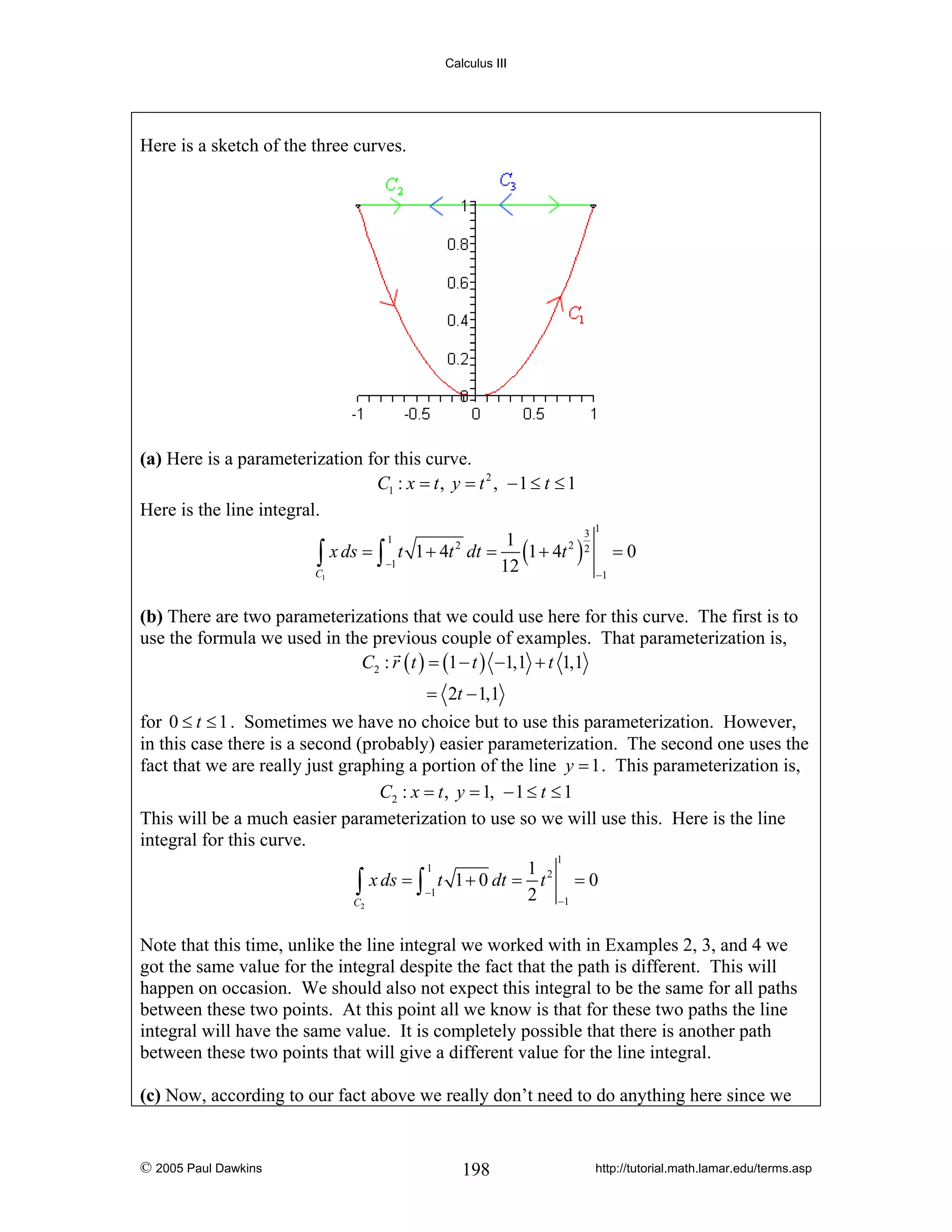 Calculus III

Here is a sketch of the three curves.

(a) Here is a parameterization for this curve.
C1 : x = t , y = t 2 , − 1 ≤ t ≤ 1
Here is the line integral.
3
1
x ds = ∫ t 1 + 4t dt = (1 + 4t 2 ) 2
∫
−1
12
C1
1

1

=0

2

−1

(b) There are two parameterizations that we could use here for this curve. The first is to
use the formula we used in the previous couple of examples. That parameterization is,
C2 : r ( t ) = (1 − t ) −1,1 + t 1,1

= 2t − 1,1
for 0 ≤ t ≤ 1 . Sometimes we have no choice but to use this parameterization. However,
in this case there is a second (probably) easier parameterization. The second one uses the
fact that we are really just graphing a portion of the line y = 1 . This parameterization is,
C2 : x = t , y = 1, − 1 ≤ t ≤ 1
This will be a much easier parameterization to use so we will use this. Here is the line
integral for this curve.
1

1 2
∫ x ds = ∫ −1 t 1 + 0 dt = 2 t −1 = 0
C2
1

Note that this time, unlike the line integral we worked with in Examples 2, 3, and 4 we
got the same value for the integral despite the fact that the path is different. This will
happen on occasion. We should also not expect this integral to be the same for all paths
between these two points. At this point all we know is that for these two paths the line
integral will have the same value. It is completely possible that there is another path
between these two points that will give a different value for the line integral.

(c) Now, according to our fact above we really don’t need to do anything here since we

© 2005 Paul Dawkins

198

http://tutorial.math.lamar.edu/terms.asp

 