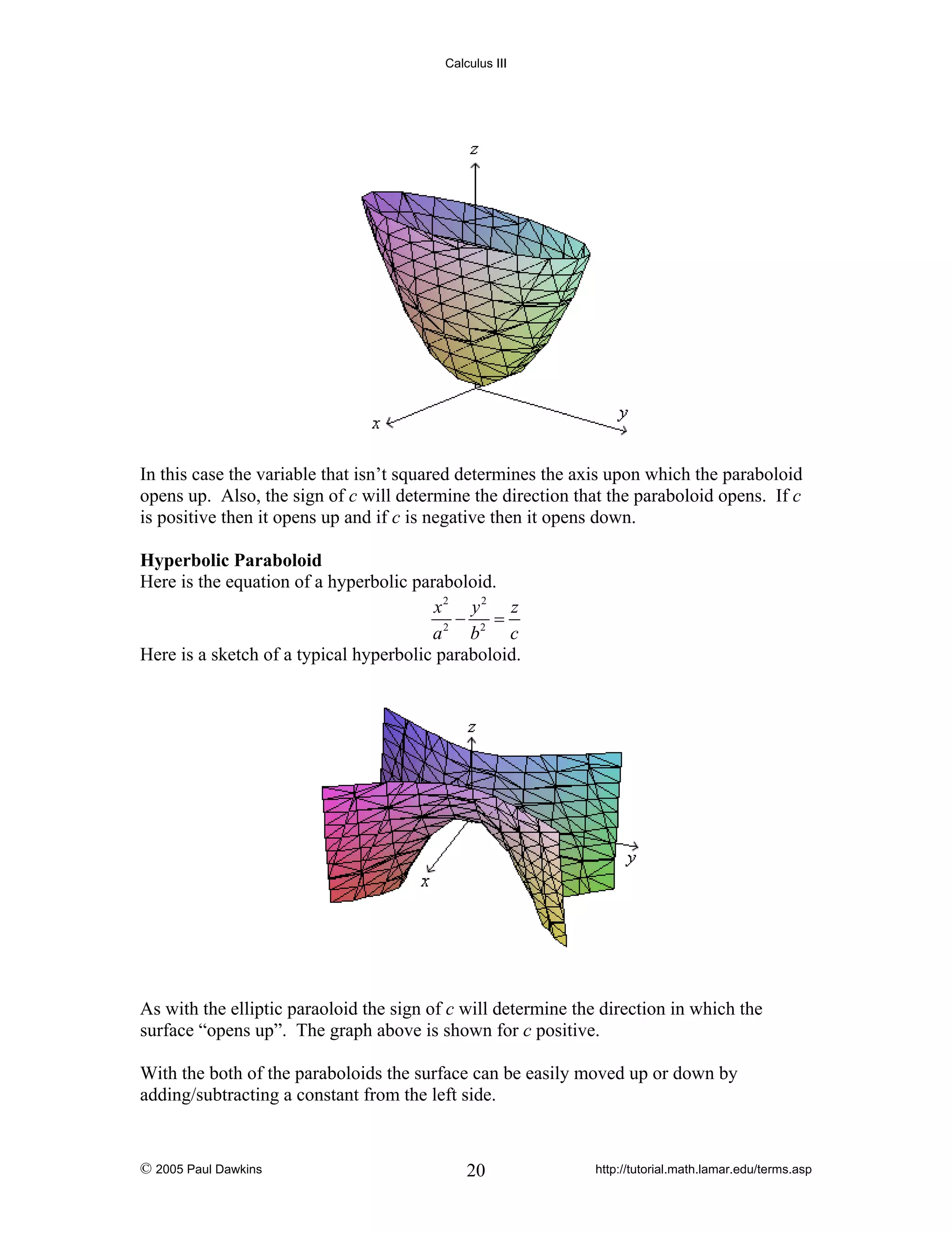 Calculus III

In this case the variable that isn’t squared determines the axis upon which the paraboloid
opens up. Also, the sign of c will determine the direction that the paraboloid opens. If c
is positive then it opens up and if c is negative then it opens down.
Hyperbolic Paraboloid
Here is the equation of a hyperbolic paraboloid.
x2 y 2 z
−
=
a 2 b2 c
Here is a sketch of a typical hyperbolic paraboloid.

As with the elliptic paraoloid the sign of c will determine the direction in which the
surface “opens up”. The graph above is shown for c positive.
With the both of the paraboloids the surface can be easily moved up or down by
adding/subtracting a constant from the left side.

© 2005 Paul Dawkins

20

http://tutorial.math.lamar.edu/terms.asp

 