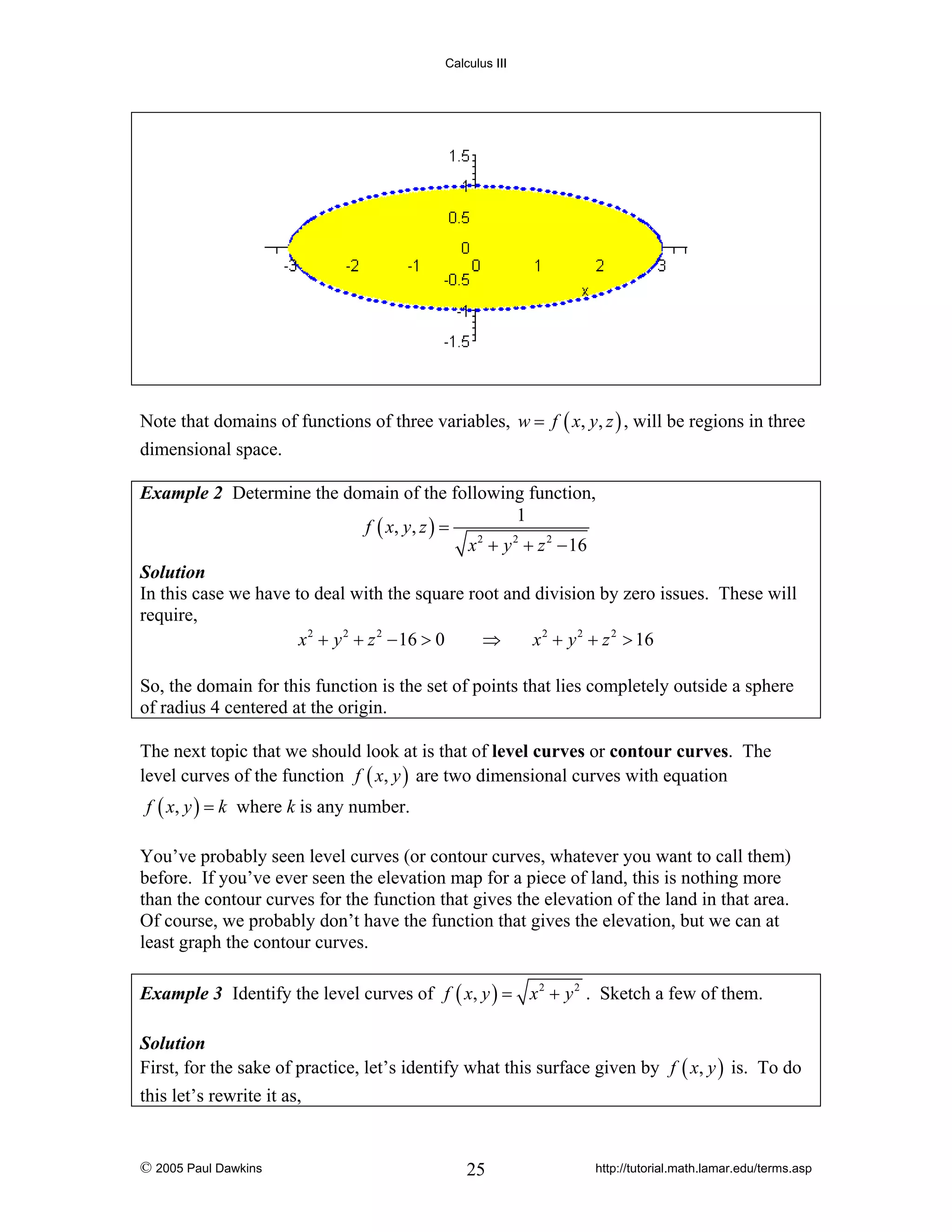 Calculus III

Note that domains of functions of three variables, w = f ( x, y, z ) , will be regions in three
dimensional space.
Example 2 Determine the domain of the following function,
1
f ( x, y , z ) =
x 2 + y 2 + z 2 − 16
Solution
In this case we have to deal with the square root and division by zero issues. These will
require,
x 2 + y 2 + z 2 − 16 > 0
⇒
x 2 + y 2 + z 2 > 16

So, the domain for this function is the set of points that lies completely outside a sphere
of radius 4 centered at the origin.
The next topic that we should look at is that of level curves or contour curves. The
level curves of the function f ( x, y ) are two dimensional curves with equation
f ( x, y ) = k where k is any number.

You’ve probably seen level curves (or contour curves, whatever you want to call them)
before. If you’ve ever seen the elevation map for a piece of land, this is nothing more
than the contour curves for the function that gives the elevation of the land in that area.
Of course, we probably don’t have the function that gives the elevation, but we can at
least graph the contour curves.
Example 3 Identify the level curves of f ( x, y ) = x 2 + y 2 . Sketch a few of them.
Solution
First, for the sake of practice, let’s identify what this surface given by f ( x, y ) is. To do

this let’s rewrite it as,

© 2005 Paul Dawkins

25

http://tutorial.math.lamar.edu/terms.asp

 