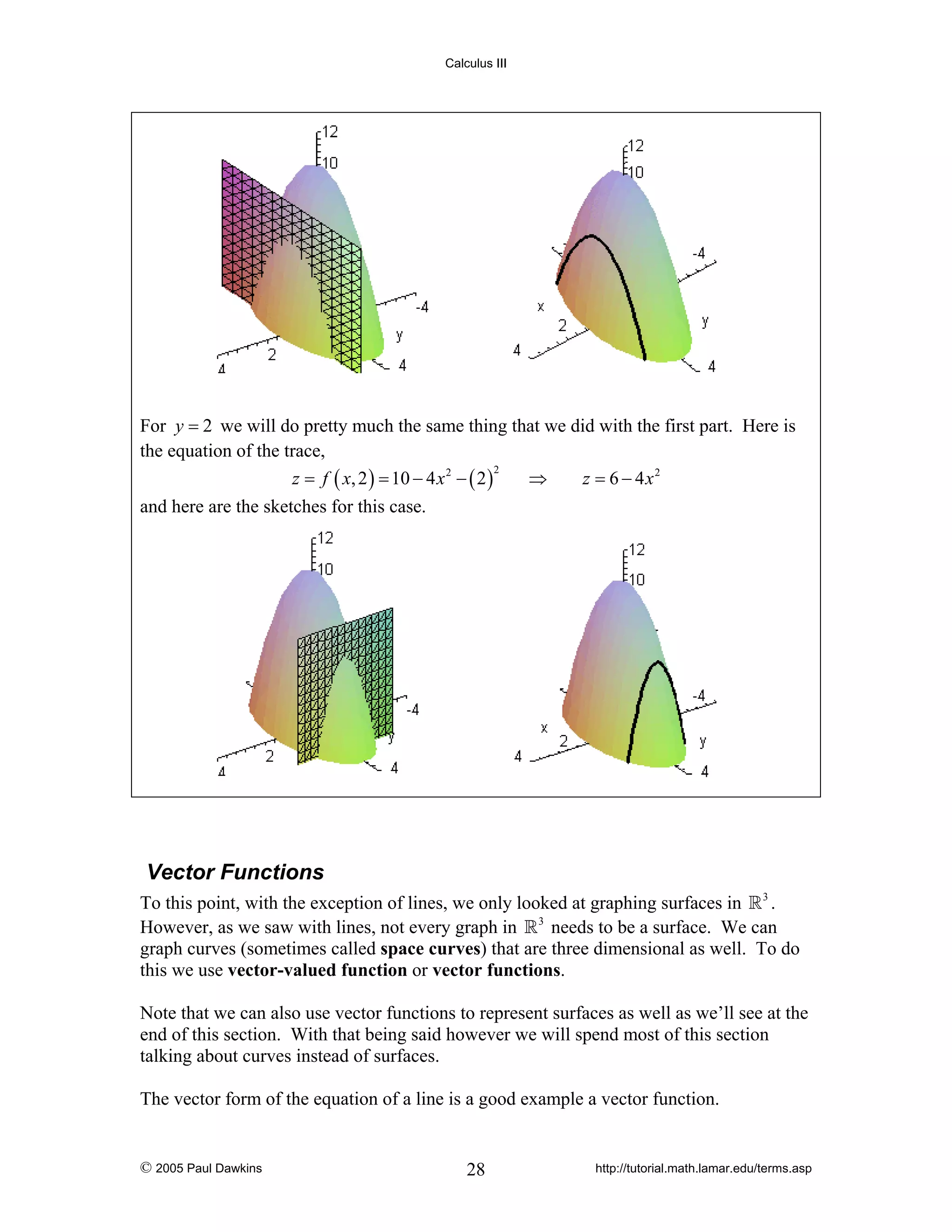 Calculus III

For y = 2 we will do pretty much the same thing that we did with the first part. Here is
the equation of the trace,
2
z = f ( x, 2 ) = 10 − 4 x 2 − ( 2 )
⇒
z = 6 − 4x2
and here are the sketches for this case.

Vector Functions
To this point, with the exception of lines, we only looked at graphing surfaces in 3 .
However, as we saw with lines, not every graph in 3 needs to be a surface. We can
graph curves (sometimes called space curves) that are three dimensional as well. To do
this we use vector-valued function or vector functions.
Note that we can also use vector functions to represent surfaces as well as we’ll see at the
end of this section. With that being said however we will spend most of this section
talking about curves instead of surfaces.
The vector form of the equation of a line is a good example a vector function.

© 2005 Paul Dawkins

28

http://tutorial.math.lamar.edu/terms.asp

 