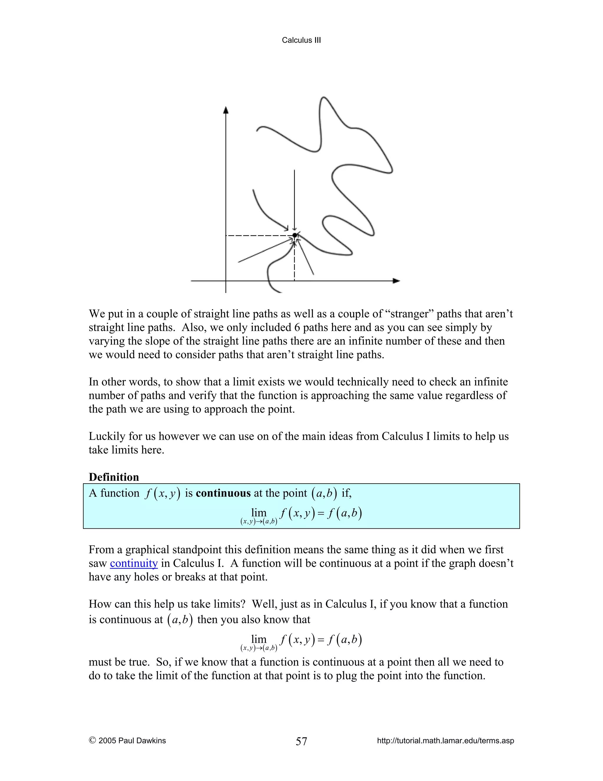 Calculus III

We put in a couple of straight line paths as well as a couple of “stranger” paths that aren’t
straight line paths. Also, we only included 6 paths here and as you can see simply by
varying the slope of the straight line paths there are an infinite number of these and then
we would need to consider paths that aren’t straight line paths.
In other words, to show that a limit exists we would technically need to check an infinite
number of paths and verify that the function is approaching the same value regardless of
the path we are using to approach the point.
Luckily for us however we can use on of the main ideas from Calculus I limits to help us
take limits here.
Definition
A function f ( x, y ) is continuous at the point ( a, b ) if,
lim

( x , y ) →( a ,b )

f ( x, y ) = f ( a , b )

From a graphical standpoint this definition means the same thing as it did when we first
saw continuity in Calculus I. A function will be continuous at a point if the graph doesn’t
have any holes or breaks at that point.
How can this help us take limits? Well, just as in Calculus I, if you know that a function
is continuous at ( a, b ) then you also know that
lim

( x , y ) →( a ,b )

f ( x, y ) = f ( a , b )

must be true. So, if we know that a function is continuous at a point then all we need to
do to take the limit of the function at that point is to plug the point into the function.

© 2005 Paul Dawkins

57

http://tutorial.math.lamar.edu/terms.asp

 