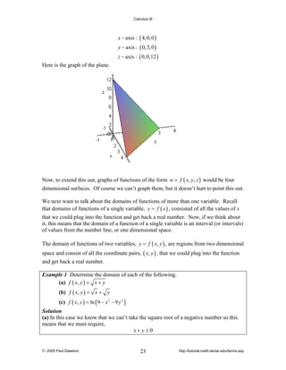 Calculus III

x − axis : ( 4, 0, 0 )
y − axis : ( 0,3, 0 )
z − axis : ( 0, 0,12 )
Here is the graph of the plane.

Now, to extend this out, graphs of functions of the form w = f ( x, y, z ) would be four
dimensional surfaces. Of course we can’t graph them, but it doesn’t hurt to point this out.
We next want to talk about the domains of functions of more than one variable. Recall
that domains of functions of a single variable, y = f ( x ) , consisted of all the values of x
that we could plug into the function and get back a real number. Now, if we think about
it, this means that the domain of a function of a single variable is an interval (or intervals)
of values from the number line, or one dimensional space.
The domain of functions of two variables, y = f ( x, y ) , are regions from two dimensional
space and consist of all the coordinate pairs, ( x, y ) , that we could plug into the function
and get back a real number.
Example 1 Determine the domain of each of the following.
(a) f ( x, y ) = x + y
(b) f ( x, y ) = x + y

(c) f ( x, y ) = ln ( 9 − x 2 − 9 y 2 )
Solution
(a) In this case we know that we can’t take the square root of a negative number so this
means that we must require,
x+ y ≥0

© 2005 Paul Dawkins

23

http://tutorial.math.lamar.edu/terms.asp

 