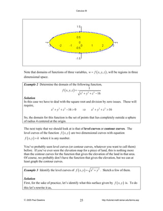 Calculus III

Note that domains of functions of three variables, w = f ( x, y, z ) , will be regions in three
dimensional space.
Example 2 Determine the domain of the following function,
1
f ( x, y , z ) =
x 2 + y 2 + z 2 − 16
Solution
In this case we have to deal with the square root and division by zero issues. These will
require,
x 2 + y 2 + z 2 − 16 > 0
⇒
x 2 + y 2 + z 2 > 16

So, the domain for this function is the set of points that lies completely outside a sphere
of radius 4 centered at the origin.
The next topic that we should look at is that of level curves or contour curves. The
level curves of the function f ( x, y ) are two dimensional curves with equation
f ( x, y ) = k where k is any number.

You’ve probably seen level curves (or contour curves, whatever you want to call them)
before. If you’ve ever seen the elevation map for a piece of land, this is nothing more
than the contour curves for the function that gives the elevation of the land in that area.
Of course, we probably don’t have the function that gives the elevation, but we can at
least graph the contour curves.
Example 3 Identify the level curves of f ( x, y ) = x 2 + y 2 . Sketch a few of them.
Solution
First, for the sake of practice, let’s identify what this surface given by f ( x, y ) is. To do

this let’s rewrite it as,

© 2005 Paul Dawkins

25

http://tutorial.math.lamar.edu/terms.asp

 