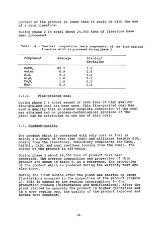 content of the product is lower than it would be with the use
of a pure limestone.
During phase 2 in total about 24,000 tons of limestone have
been processed.
Table 4 - Chemical composition (main components) of the fine-grained
limestone which is processed during phase 2
Component
CaCO-j
water
Si02
A1203
Fe203
MgO
Average
85.7
6.9
9.3
1.0
1.0
0.3
Standard
deviation
3.2
0.9
3.6
0.5
0.5
0.4
3.6.2. Fine-grained coal
During phase 2 a total amount of 2400 tons of high quality
fine-grained coal has been used. This fine-grained coal has
such a quality that an almost complete combustion of the coal
was attained and no process-technological problems of the
plant can be attributed to the use of this coal.
3.7. Product-quality
The product which is generated with only coal as fuel is
mainly a mixture of free lime (CaO) and silicates (mainly Si02/
coming from the limestone). Subsidiary components are CaC03/
Ca(0H)2, CaS04 and coal residues (coming from the coal). The
colour of the product is off-white.
During phase 2 about 14,000 tons of product have been
generated. The average composition and properties of this
product are shown in table 5. As a reference, the properties
of the product which is produced during the warranty test are
also shown.
During the first months after the plant was started up large
fluctuations occurred in the properties of the product (figure
2). This is caused by the regular interruptions in the
production process (disturbances and modifications). After the
plant started to generate the product in higher quantities and
in a more regular way, the quality of the product improved and
became more constant.
- 20 -
 