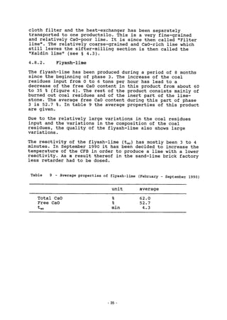cloth filter and the heat-exchanger has been separately
transported to one productsilo. This is a very fine-grained
and relatively CaO-poor lime. It is since then called "Filter
lime". The relatively coarse-grained and CaO-rich lime which
still leaves the sifter-milling section is then called the
"Kaldin lime" (see § 4.3).
4.8.2. Flyash-lime
The flyash-lime has been produced during a period of 8 months
since the beginning of phase 3. The increase of the coal
residues input from 0 to 6 tons per hour has lead to a
decrease of the free CaO content in this product from about 60
to 35 % (figure 4). The rest of the product consists mainly of
burned out coal residues and of the inert part of the lime-
stone. The average free CaO content during this part of phase
3 is 52.7 %. In table 9 the average properties of this product
are given.
Due to the relatively large variations in the coal residues
input and the variations in the composition of the coal
residues, the quality of the flyash-lime also shows large
variations.
The reactivity of the flyash-lime (tso) has mostly been 3 to 4
minutes. In September 1990 it has been decided to increase the
temperature of the CFB in order to produce a lime with a lower
reactivity. As a result thereof in the sand-lime brick factory
less retarder had to be dosed.
Table 9 - Average properties of flyash-lime (February - September 1990)
unit average
Total CaO % 62.0
Free CaO % 52.7
tao min 4.3
- 35 -
 