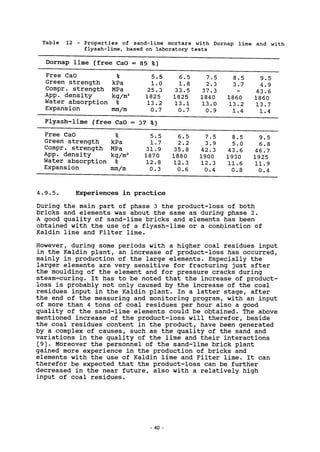 Table 12 - Properties of sand-lime mortars with Dornap lime and with
flyash-lime, based on laboratory tests
Dornap lime (free CaO = 85 %)
Free CaO % 5.5
Green strength kPa 1.0
Compr. strength MPa 25.3
App. density kg/m3
1825
Water absorption % 13.2
Expansion mm/m 0.7
Flyash-lime (free CaO = 37 %)
Free CaO %
Green strength kPa
Compr. strength MPa
App. density kg/m3
Water absorption %
Expansion mm/m
5.5
1.7
31.9
1870
12.8
0.3
6.5
1.8
33.5
1825
13.1
0.7
6.5
2.2
35.8
1880
12.3
0.6
7.5
2.3
37.3
1840
13.0
0.9
7.5
3.9
42.3
1900
12.3
0.4
8.5
3.7
1860
13.2
1.4
8.5
5.0
43.6
1930
11.6
0.8
9.5
4.9
43.6
1860
13.7
1.4
9.5
6.8
46.7
1925
11.9
0.4
4.9.5. Experiences in practice
During the main part of phase 3 the product-loss of both
bricks and elements was about the same as during phase 2.
A good quality of sand-lime bricks and elements has been
obtained with the use of a flyash-lime or a combination of
Kaldin lime and Filter lime.
However, during some periods with a higher coal residues input
in the Kaldin plant, an increase of product-loss has occurred,
mainly in production of the large elements. Especially the
larger elements are very sensitive for fracturing just after
the moulding of the element and for pressure cracks during
steam-curing. It has to be noted that the increase of product-
loss is probably not only caused by the increase of the coal
residues input in the Kaldin plant. In a latter stage, after
the end of the measuring and monitoring program, with an input
of more than 4 tons of coal residues per hour also a good
quality of the sand-lime elements could be obtained. The above
mentioned increase of the product-loss will therefor, beside
the coal residues content in the product, have been generated
by a complex of causes, such as the quality of the sand and
variations in the quality of the lime and their interactions
[9]. Moreover the personnel of the sand-lime brick plant
gained more experience in the production of bricks and
elements with the use of Kaldin lime and Filter lime. It can
therefor be expected that the product-loss can be further
decreased in the near future, also with a relatively high
input of coal residues.
40 -
 