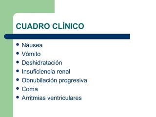 CUADRO CLÍNICO 
 Náusea 
 Vómito 
 Deshidratación 
 Insuficiencia renal 
 Obnubilación progresiva 
 Coma 
 Arritmias ventriculares 
 