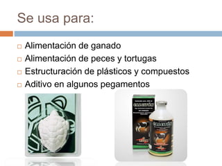 Se usa para:
 Alimentación de ganado
 Alimentación de peces y tortugas
 Estructuración de plásticos y compuestos
 Aditivo en algunos pegamentos
 