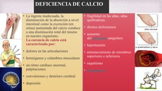 DEFICIENCIA DE CALCIO
• La ingesta inadecuada, la
disminución de la absorción a nivel
intestinal como la excreción (en
orina) aumentada del calcio conduce
a una disminución total del mismo
en nuestro organismo.
La carencia de calcio está
caracterizada por:
• dolores en las articulaciones
• hormigueos y calambres musculares
• un ritmo cardíaco anormal,
palpitaciones
• convulsiones y deterioro cerebral
• depresión
• fragilidad en las uñas, uñas
quebradizas.
• dientes defectuosos
• aumento
del colesterol sanguíneo
• hipertensión
• entumecimiento de miembros
superiores e inferiores
• raquitismo
• osteoporosis
 