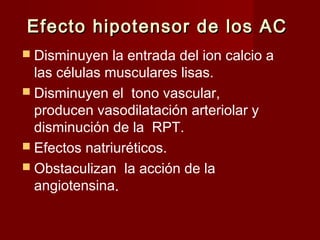 Efecto hipotensor ddee llooss AACC 
 Disminuyen la entrada del ion calcio a 
las células musculares lisas. 
 Disminuyen el tono vascular, 
producen vasodilatación arteriolar y 
disminución de la RPT. 
 Efectos natriuréticos. 
 Obstaculizan la acción de la 
angiotensina. 
 