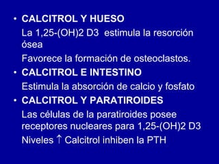 • CALCITROL Y HUESO
La 1,25-(OH)2 D3 estimula la resorción
ósea
Favorece la formación de osteoclastos.
• CALCITROL E INTESTINO
Estimula la absorción de calcio y fosfato
• CALCITROL Y PARATIROIDES
Las células de la paratiroides posee
receptores nucleares para 1,25-(OH)2 D3
Niveles  Calcitrol inhiben la PTH
 