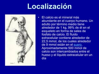 Localización
• El calcio es el mineral más
abundante en el cuerpo humano. Un
adulto por término medio tiene
alrededor de 1 kg, 99% de él en el
esqueleto en forma de sales de
fosfato de calcio. El fluido
extracelular contiene alrededor de
22,5 mmol, de los cuales alrededor
de 9 mmol están en el suero.
Aproximadamente 500 mmol de
calcio son intercambiados entre el
hueso y el líquido extracelular en un
día
 