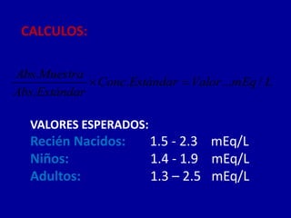 LmEqValorEstándarConc
EstándarAbs
MuestraAbs
/....
.
.

CALCULOS:
VALORES ESPERADOS:
Recién Nacidos: 1.5 - 2.3 mEq/L
Niños: 1.4 - 1.9 mEq/L
Adultos: 1.3 – 2.5 mEq/L
 