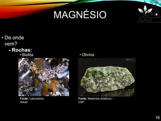 MAGNÉSIO
• De onde
vem?
- Rochas:
• Biotita
;
Fonte: Laboratório
Arkad
Fonte: Materiais didáticos -
USP
• Olivina
s.
16
 