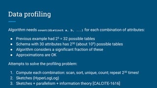 Data profiling
Algorithm needs count(distinct a, b, ...) for each combination of attributes:
● Previous example had 25 = 32 possible tables
● Schema with 30 attributes has 230 (about 109) possible tables
● Algorithm considers a significant fraction of these
● Approximations are OK
Attempts to solve the profiling problem:
1. Compute each combination: scan, sort, unique, count; repeat 230 times!
2. Sketches (HyperLogLog)
3. Sketches + parallelism + information theory [CALCITE-1616]
 
