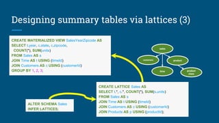 CREATE LATTICE Sales AS
SELECT t.*, c.*, COUNT(*), SUM(s.units)
FROM Sales AS s
JOIN Time AS t USING (timeId)
JOIN Customers AS c USING (customerId)
JOIN Products AS p USING (productId);
CREATE MATERIALIZED VIEW SalesYearZipcode AS
SELECT t.year, c.state, c.zipcode,
COUNT(*), SUM(units)
FROM Sales AS s
JOIN Time AS t USING (timeId)
JOIN Customers AS c USING (customerId)
GROUP BY 1, 2, 3;
ALTER SCHEMA Sales
INFER LATTICES;
product
product
class
sales
customers
time
Designing summary tables via lattices (3)
 