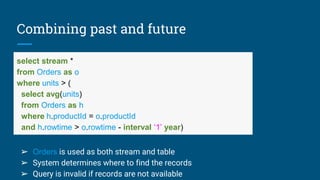 Combining past and future
select stream *
from Orders as o
where units > (
select avg(units)
from Orders as h
where h.productId = o.productId
and h.rowtime > o.rowtime - interval ‘1’ year)
➢ Orders is used as both stream and table
➢ System determines where to find the records
➢ Query is invalid if records are not available
 