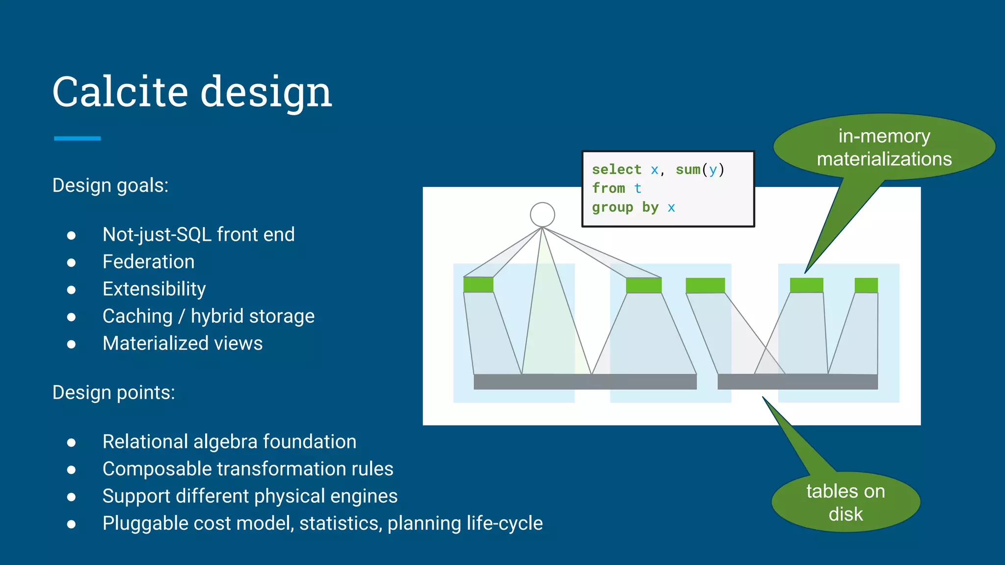 Calcite design
Design goals:
● Not-just-SQL front end
● Federation
● Extensibility
● Caching / hybrid storage
● Materialized views
Design points:
● Relational algebra foundation
● Composable transformation rules
● Support different physical engines
● Pluggable cost model, statistics, planning life-cycle
tables on
disk
in-memory
materializationsselect x, sum(y)
from t
group by x
 