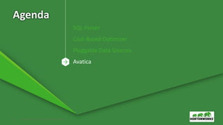 12 © Hortonworks Inc. 2011 – 2016. All Rights Reserved
Agenda
SQL Parser
Cost-Based Optimizer
Pluggable Data Sources
Avatica
 