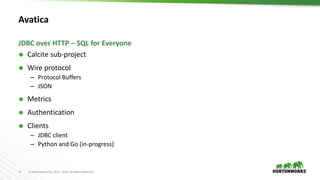 13 © Hortonworks Inc. 2011 – 2016. All Rights Reserved
Avatica
 Calcite sub-project
 Wire protocol
– Protocol Buffers
– JSON
 Metrics
 Authentication
 Clients
– JDBC client
– Python and Go (in-progress)
JDBC over HTTP – SQL for Everyone
 