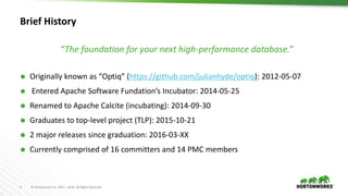 4 © Hortonworks Inc. 2011 – 2016. All Rights Reserved
Brief History
 Originally known as “Optiq” (https://github.com/julianhyde/optiq): 2012-05-07
 Entered Apache Software Fundation’s Incubator: 2014-05-25
 Renamed to Apache Calcite (incubating): 2014-09-30
 Graduates to top-level project (TLP): 2015-10-21
 2 major releases since graduation: 2016-03-XX
 Currently comprised of 16 committers and 14 PMC members
“The foundation for your next high-performance database.”
 