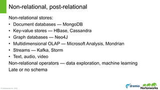 © Hortonworks Inc. 2016
Non-relational, post-relational
Non-relational stores:
• Document databases — MongoDB
• Key-value stores — HBase, Cassandra
• Graph databases — Neo4J
• Multidimensional OLAP — Microsoft Analysis, Mondrian
• Streams — Kafka, Storm
• Text, audio, video
Non-relational operators — data exploration, machine learning
Late or no schema
 