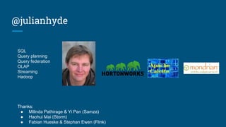 @julianhyde
SQL
Query planning
Query federation
OLAP
Streaming
Hadoop
Thanks:
● Milinda Pathirage & Yi Pan (Samza)
● Haohui Mai (Storm)
● Fabian Hueske & Stephan Ewen (Flink)
 