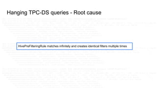 Hanging TPC-DS queries - Root cause
2022-10-07T05:52:23,575 DEBUG calcite.RuleEventLogger: call#1: Rule [HivePreFilteringRule] produced [rel#84:HiveFilter]
2022-10-07T05:52:23,576 DEBUG calcite.RuleEventLogger: call#1: Full plan for [rel#84:HiveFilter]:
HiveFilter(condition=[AND(=($27, $6), =($22, $99), =($105, 2001), =($4, $73), =($60, $3), OR(AND(=($62, _UTF-16LE'M'), =($63, _UTF-16LE'4 yr Degree
HiveFilter(condition=[AND(OR(=($62, _UTF-16LE'M'), =($62, _UTF-16LE'D'), =($62, _UTF-16LE'U')), OR(=($63, _UTF-16LE'4 yr Degree '),
HiveJoin(condition=[true], joinType=[inner], algorithm=[none], cost=[not available])
HiveJoin(condition=[true], joinType=[inner], algorithm=[none], cost=[not available])
HiveJoin(condition=[true], joinType=[inner], algorithm=[none], cost=[not available])
HiveJoin(condition=[true], joinType=[inner], algorithm=[none], cost=[not available])
HiveJoin(condition=[true], joinType=[inner], algorithm=[none], cost=[not available])
HiveTableScan(table=[[default, store_sales]], table:alias=[store_sales])
HiveTableScan(table=[[default, store]], table:alias=[store])
--
2022-10-07T05:52:23,601 DEBUG calcite.RuleEventLogger: call#2: Rule [HivePreFilteringRule] produced [rel#89:HiveFilter]
2022-10-07T05:52:23,601 DEBUG calcite.RuleEventLogger: call#2: Full plan for [rel#89:HiveFilter]:
HiveFilter(condition=[AND(=($27, $6), =($22, $99), =($105, 2001), =($4, $73), =($60, $3), OR(AND(=($62, _UTF-16LE'M'), =($63, _UTF-16LE'4 yr Degree
HiveFilter(condition=[AND(OR(=($62, _UTF-16LE'M'), =($62, _UTF-16LE'D'), =($62, _UTF-16LE'U')), OR(=($63, _UTF-16LE'4 yr Degree '),
HiveFilter(condition=[AND(OR(=($62, _UTF-16LE'M'), =($62, _UTF-16LE'D'), =($62, _UTF-16LE'U')), OR(=($63, _UTF-16LE'4 yr Degree '),
HiveJoin(condition=[true], joinType=[inner], algorithm=[none], cost=[not available])
HiveJoin(condition=[true], joinType=[inner], algorithm=[none], cost=[not available])
HiveJoin(condition=[true], joinType=[inner], algorithm=[none], cost=[not available])
HiveJoin(condition=[true], joinType=[inner], algorithm=[none], cost=[not available])
HiveJoin(condition=[true], joinType=[inner], algorithm=[none], cost=[not available])
HiveTableScan(table=[[default, store_sales]], table:alias=[store_sales])
--
2022-10-07T05:52:23,610 DEBUG calcite.RuleEventLogger: call#3: Rule [HivePreFilteringRule] produced [rel#94:HiveFilter]
2022-10-07T05:52:23,610 DEBUG calcite.RuleEventLogger: call#3: Full plan for [rel#94:HiveFilter]:
HiveFilter(condition=[AND(=($27, $6), =($22, $99), =($105, 2001), =($4, $73), =($60, $3), OR(AND(=($62, _UTF-16LE'M'), =($63, _UTF-16LE'4 yr Degree
HiveFilter(condition=[AND(OR(=($62, _UTF-16LE'M'), =($62, _UTF-16LE'D'), =($62, _UTF-16LE'U')), OR(=($63, _UTF-16LE'4 yr Degree '),
HiveFilter(condition=[AND(OR(=($62, _UTF-16LE'M'), =($62, _UTF-16LE'D'), =($62, _UTF-16LE'U')), OR(=($63, _UTF-16LE'4 yr Degree '),
HiveFilter(condition=[AND(OR(=($62, _UTF-16LE'M'), =($62, _UTF-16LE'D'), =($62, _UTF-16LE'U')), OR(=($63, _UTF-16LE'4 yr Degree '),
HiveJoin(condition=[true], joinType=[inner], algorithm=[none], cost=[not available])
HiveJoin(condition=[true], joinType=[inner], algorithm=[none], cost=[not available])
HiveJoin(condition=[true], joinType=[inner], algorithm=[none], cost=[not available])
HivePreFilteringRule matches infinitely and creates identical filters multiple times
 