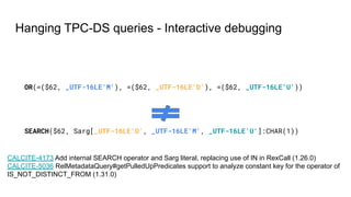 Hanging TPC-DS queries - Interactive debugging
OR(=($62, _UTF-16LE'M'), =($62, _UTF-16LE'D'), =($62, _UTF-16LE'U'))
SEARCH($62, Sarg[_UTF-16LE'D', _UTF-16LE'M', _UTF-16LE'U']:CHAR(1))
CALCITE-4173 Add internal SEARCH operator and Sarg literal, replacing use of IN in RexCall (1.26.0)
CALCITE-5036 RelMetadataQuery#getPulledUpPredicates support to analyze constant key for the operator of
IS_NOT_DISTINCT_FROM (1.31.0)
 