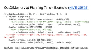 OutOfMemory at Planning Time - Example (HIVE-25758)
HiveJoin(condition=[=($0, $1)], joinType=[inner], [...])
HiveUnion(all=[true])
HiveProject(month=[CAST(regexp_replace(...)):INTEGER])
HiveFilter(condition=[IS NOT NULL(CAST(regexp_replace(...)):INTEGER)])
HiveTableScan(table=[[default, test1]], table:alias=[test1])
HiveProject(month=[CAST(202110):INTEGER])
HiveFilter(condition=[=($0, 202110)])
HiveTableScan(table=[[default, test2]], table:alias=[test2])
HiveFilter(condition=[OR(=($0, CAST(regexp_replace(...)):INTEGER), =($0,
202110))])
HiveFilter(condition=[IS NOT NULL($0)])
HiveTableScan(table=[[default, test3]], table:alias=[d])
call#258: Rule [HiveJoinPushTransitivePredicatesRule] produced [rel#155:HiveJoin]
 