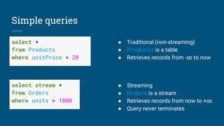 Simple queries
select *
from Products
where unitPrice < 20
select stream *
from Orders
where units > 1000
➢ Traditional (non-streaming)
➢ Products is a table
➢ Retrieves records from -∞ to now
➢ Streaming
➢ Orders is a stream
➢ Retrieves records from now to +∞
➢ Query never terminates
 