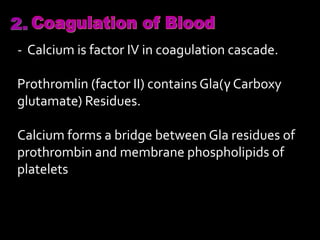 .
- Calcium is factor IV in coagulation cascade.
Prothromlin (factor II) contains Gla(γ Carboxy
glutamate) Residues.
Calcium forms a bridge between Gla residues of
prothrombin and membrane phospholipids of
platelets
 