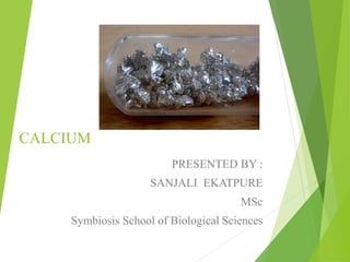 CALCIUM
PRESENTED BY :
SANJALI EKATPURE
MSc
Symbiosis School of Biological Sciences
 