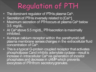 • Thedominant regulator of PTHis plasma Ca2+.
• Secretion of PTHis inversely related to [Ca2+].
• Maximum secretion of PTHoccurs at plasma Ca2+below
3.5 mg/dL.
• At Ca2+above 5.5 mg/dL, PTHsecretion is maximally
inhibited.
• Aunique calcium receptor within the parathyroid cell
plasma membrane senseschangesin the extracellularfluid
concentration of Ca2+.
• Thisis atypical G-protein coupled receptor thatactivates
phospholipase Cand inhibits adenylate cyclase—result is
increase in intracellular Ca2+via generation of inositol
phosphates and decrease in cAMPwhich prevents
exocytosis of PTHfrom secretorygranules.
 