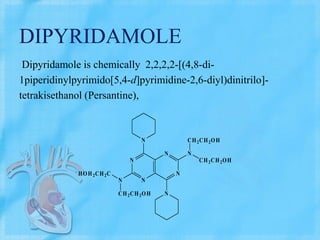 DIPYRIDAMOLE
Dipyridamole is chemically 2,2,2,2-[(4,8-di-
1piperidinylpyrimido[5,4-d]pyrimidine-2,6-diyl)dinitrilo]-
tetrakisethanol (Persantine),
N
N
N
N
N
N
N
CH2CH2OH
CH2CH2OH
N
CH2CH2OH
HOH2CH2C
 
