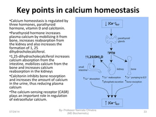 Key points in calcium homeostasis
•Calcium homeostasis is regulated by
three hormones, parathyroid
hormone, vitamin D and calcitonin.
•Parathyroid hormone increases
plasma calcium by mobilizing it from
bone, increases reabsorption from
the kidney and also increases the
formation of 1, 25
dihydrocholecalciferol.
•1,25-dihydrocholecalciferol increases
calcium absorption from the
intestine, mobilizes calcium from the
bone and increases calcium
reabsorption in the kidneys
•Calcitonin inhibits bone resorption
and increases the amount of calcium
in the urine, thus reducing plasma
calcium
•The calcium-sensing receptor (CASR)
plays an important role in regulation
of extracellular calcium.
07/24/14
By- Professor Namrata Chhabra
(MD Biochemistry)
33
 