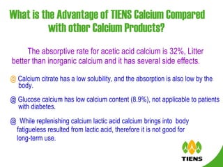 What is the Advantage of TIENS Calcium Compared with other Calcium Products?   The absorptive rate for acetic acid calcium is 32%, Litter better than inorganic calcium and it has several side effects .  @  Calcium citrate has a low solubility, and the absorption is also low by the body.  @ Glucose calcium has low calcium content (8.9%), not applicable to patients with diabetes.   @  While replenishing calcium lactic acid calcium brings into  body  fatigueless resulted from lactic acid, therefore it is not good for long-term use. 