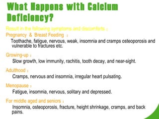 What Happens with Calcium Deficiency? Result in the following symptoms and discomforts ： Pregnancy  &  Breast Feeding  ：   Toothache, fatigue, nervous, weak, insomnia and cramps osteoporosis and vulnerable to fractures etc. Growing-up ：  　 Slow growth, low immunity, rachitis, tooth decay, and near-sight. Adulthood ：   　 Cramps, nervous and insomnia, irregular heart pulsating.  Menopause ：   　 Fatigue, insomnia, nervous, solitary and depressed.  For middle aged and seniors ： 　 Insomnia, osteoporosis, fracture, height shrinkage, cramps, and back pains.  