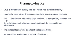 Pharmacokinetics
• Drug is metabolized quickly and, as a result, has low bioavailability.
• Liver is the main site of first-pass metabolism, forming several products.
• The preferential metabolic step involves N-dealkylation, followed by
O-
demethylation, and subsequent conjugation of the product before
elimination.
• The metabolites have no significant biological activity.
• Verapamil has an elimination half-life of 3-7 hours.
 