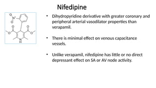 Nifedipine
• Dihydropyridine derivative with greater coronary and
peripheral arterial vasodilator properties than
verapamil.
• There is minimal effect on venous capacitance
vessels.
• Unlike verapamil, nifedipine has little or no direct
depressant effect on SA or AV node activity.
 