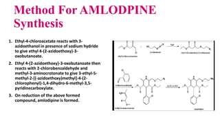 Method For AMLODPINE
Synthesis
1. Ethyl-4-chloroacetate reacts with 3-
azidoethanol in presence of sodium hydride
to give ethyl 4-(2-azidoethoxy)-3-
oxobutanoate.
2. Ethyl 4-(2-azidoethoxy)-3-oxobutanoate then
reacts with 2-chlorobenzaldehyde and
methyl-3-aminocrotonate to give 3-ethyl-5-
methyl-2-[(-azidoethoxy)methyl]-4-(2-
chlorophenyl)-1,4-dihydro-6-methyl-3,5-
pyridinecarboxylate.
3. On reduction of the above formed
compound, amlodipine is formed.
 