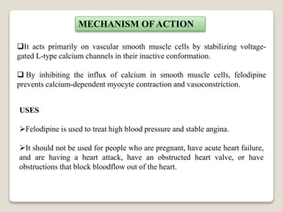 MECHANISM OF ACTION
It acts primarily on vascular smooth muscle cells by stabilizing voltage-
gated L-type calcium channels in their inactive conformation.
 By inhibiting the influx of calcium in smooth muscle cells, felodipine
prevents calcium-dependent myocyte contraction and vasoconstriction.
USES
Felodipine is used to treat high blood pressure and stable angina.
It should not be used for people who are pregnant, have acute heart failure,
and are having a heart attack, have an obstructed heart valve, or have
obstructions that block bloodflow out of the heart.
 