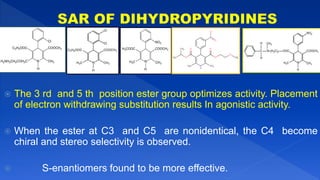  The 3 rd and 5 th position ester group optimizes activity. Placement
of electron withdrawing substitution results In agonistic activity.
 When the ester at C3 and C5 are nonidentical, the C4 become
chiral and stereo selectivity is observed.
 S-enantiomers found to be more effective.
 