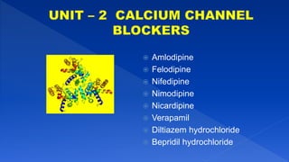  Amlodipine
 Felodipine
 Nifedipine
 Nimodipine
 Nicardipine
 Verapamil
 Diltiazem hydrochloride
 Bepridil hydrochloride
 