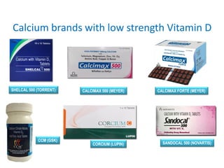 Calcium brands with low strength Vitamin D
SHELCAL 500 (TORRENT) CALCIMAX 500 (MEYER)
CORCIUM (LUPIN)
CCM (GSK)
CALCIMAX F...